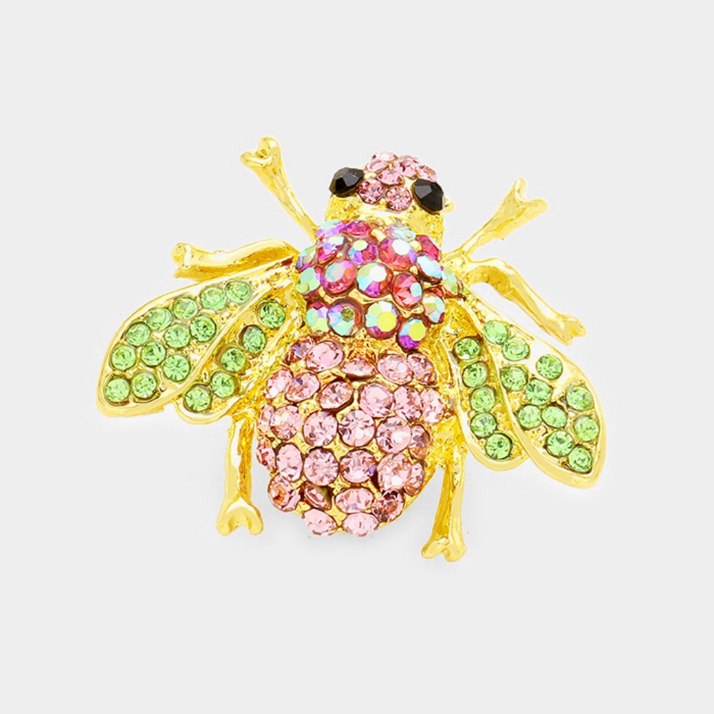 Pink Green Rhinestone Crystal Honey Bee Brooch Pin Fashion Accessory